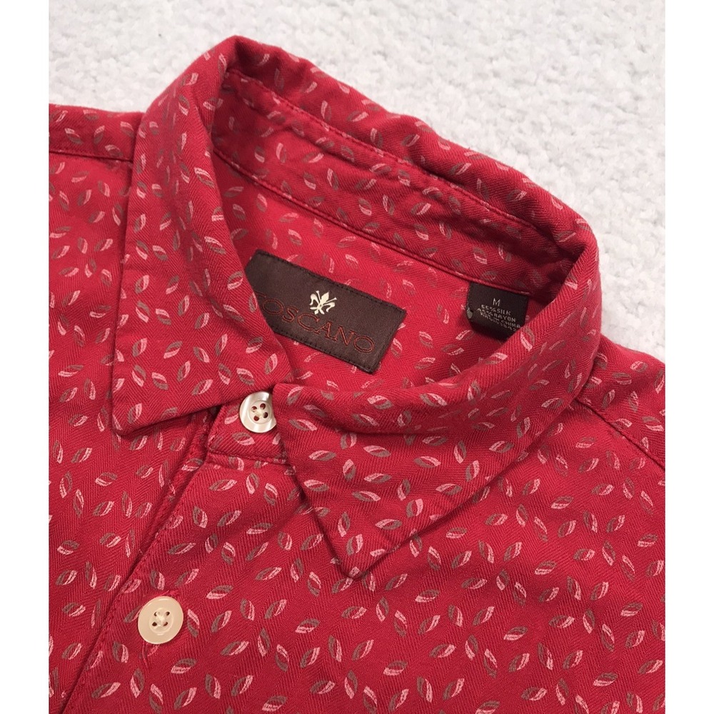 Toscano Silk Blend Button Shirt Mens Medium Red Geometric Short Sleeve Casual‎